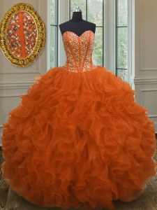 Orange Red Sweetheart Neckline Beading and Ruffles Quinceanera Dresses Sleeveless Lace Up