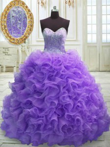 Customized Purple Lace Up Vestidos de Quinceanera Beading and Ruffles Sleeveless Sweep Train