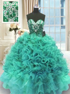 Turquoise Sleeveless Floor Length Beading and Ruffles Lace Up Quinceanera Gowns