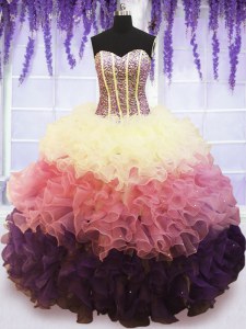 High Class Multi-color Lace Up Sweetheart Beading and Ruffles and Ruffled Layers Sweet 16 Dress Organza Sleeveless