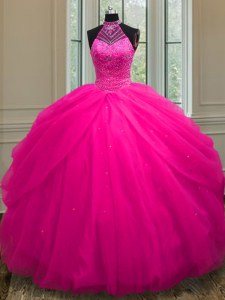 Dazzling Halter Top Hot Pink Tulle Lace Up Vestidos de Quinceanera Sleeveless Floor Length Beading and Sequins