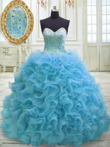 Trendy Sequins Sweetheart Sleeveless Sweep Train Lace Up Quinceanera Gown Baby Blue Organza