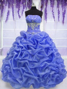 Sleeveless Organza Floor Length Lace Up Sweet 16 Dresses in Blue with Beading and Pick Ups