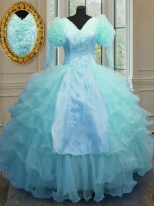 Gorgeous Blue V-neck Zipper Embroidery and Ruffled Layers Quinceanera Gowns Long Sleeves