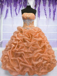 Sleeveless Organza Floor Length Lace Up Sweet 16 Dress in Orange with Beading