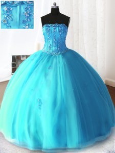Affordable Sleeveless Tulle Floor Length Lace Up Quinceanera Dresses in Baby Blue with Beading and Appliques