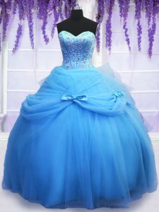 Elegant Blue Sleeveless Tulle Lace Up Ball Gown Prom Dress for Military Ball and Sweet 16 and Quinceanera