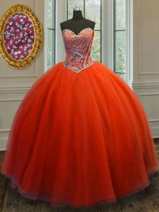 Sophisticated Red Tulle Lace Up Ball Gown Prom Dress Sleeveless Floor Length Beading