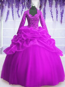 Fuchsia Organza Zipper Quinceanera Gowns Long Sleeves Floor Length Sequins and Pick Ups