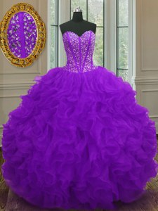 Sweetheart Sleeveless Quinceanera Gown Floor Length Beading and Ruffles Purple Organza