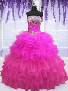 Lovely Organza Strapless Sleeveless Lace Up Beading and Ruffled Layers and Pick Ups Vestidos de Quinceanera in Multi-color