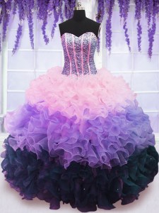 Inexpensive Floor Length Multi-color Sweet 16 Dresses Organza Sleeveless Beading and Ruffles and Ruffled Layers