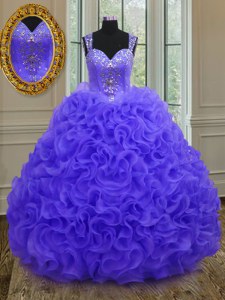 Extravagant Straps Purple Sleeveless Organza Zipper Quinceanera Dress for Military Ball and Sweet 16 and Quinceanera