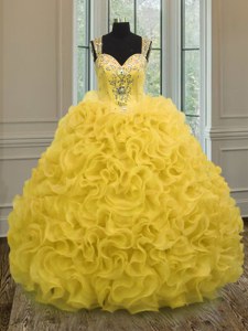 Inexpensive Gold Ball Gowns Organza Sweetheart Sleeveless Beading and Ruffles Floor Length Zipper Quinceanera Dress