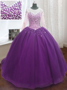 Scoop Beading and Sequins Quinceanera Dresses Purple Lace Up Long Sleeves Sweep Train