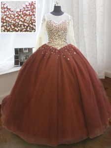 Sequins Sweep Train Ball Gowns Quinceanera Gowns Burgundy Scoop Organza Long Sleeves Lace Up