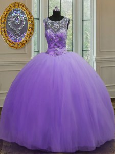 Classical Ball Gowns Sweet 16 Quinceanera Dress Lavender Scoop Tulle Sleeveless Floor Length Lace Up