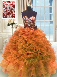 Fashion Sleeveless Floor Length Ruffles Lace Up 15th Birthday Dress with Orange