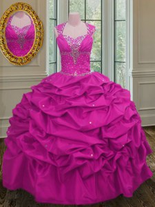 Affordable Straps Cap Sleeves Taffeta Quinceanera Gown Beading and Pick Ups Lace Up