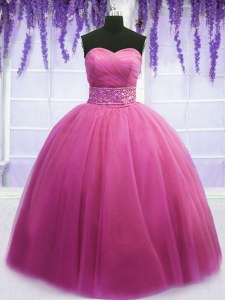 Classical Floor Length Rose Pink Quinceanera Dress Tulle Sleeveless Beading and Belt