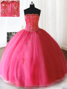Floor Length Hot Pink Quinceanera Gown Tulle Sleeveless Beading and Appliques