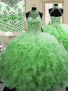 Halter Top Neckline Beading and Ruffles Quinceanera Dresses Sleeveless Lace Up