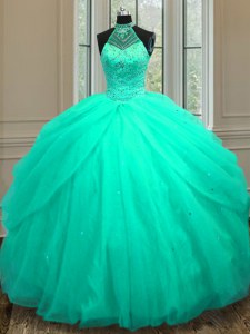 Sequins Floor Length Turquoise 15 Quinceanera Dress Halter Top Sleeveless Lace Up