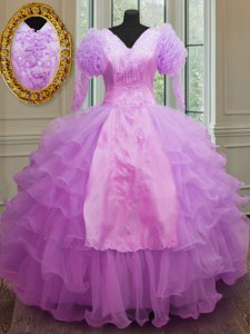 Sumptuous V-neck Long Sleeves Organza Quince Ball Gowns Ruffled Layers Zipper
