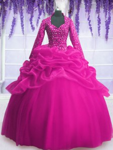 Organza Long Sleeves Floor Length Quinceanera Dress and Sequins and Pick Ups