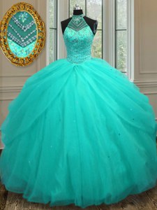 Stunning Aqua Blue Halter Top Lace Up Beading Quinceanera Gown Sleeveless