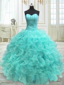 Graceful Aqua Blue Organza Lace Up Sweetheart Sleeveless Floor Length 15th Birthday Dress Beading and Ruffles