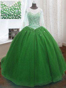 Green Quinceanera Dresses Military Ball and Sweet 16 and Quinceanera and For with Beading and Sequins Scoop Long Sleeves Sweep Train Lace Up