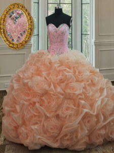 Peach Ball Gowns Organza Sweetheart Sleeveless Beading and Pick Ups Lace Up Sweet 16 Dresses Sweep Train