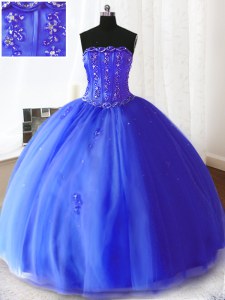 High Quality Royal Blue Quinceanera Gowns Military Ball and Sweet 16 and Quinceanera and For with Beading and Appliques Strapless Sleeveless Lace Up