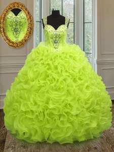 High Class Yellow Green Ball Gowns Organza Straps Sleeveless Beading and Ruffles Floor Length Zipper Quinceanera Gowns