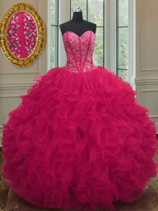 Artistic Sleeveless Floor Length Beading and Ruffles Lace Up Quinceanera Gown with Coral Red