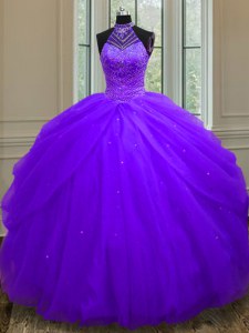Modern Halter Top Sleeveless Quince Ball Gowns Floor Length Beading and Sequins Purple Tulle