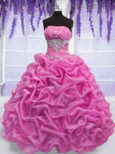 Delicate Strapless Sleeveless Vestidos de Quinceanera Floor Length Beading Rose Pink Organza