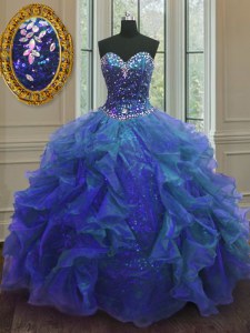 Super Organza and Sequined Sweetheart Sleeveless Lace Up Beading and Ruffles 15th Birthday Dress in Blue