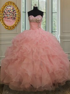 Wonderful Watermelon Red Organza Lace Up Quinceanera Gowns Sleeveless Floor Length Beading and Ruffles