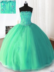 Turquoise Sleeveless Tulle Lace Up Quinceanera Gown for Military Ball and Sweet 16 and Quinceanera