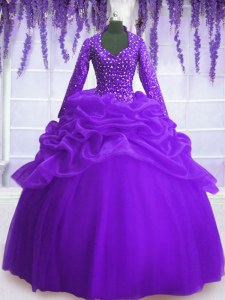 Purple Ball Gowns V-neck Long Sleeves Organza Floor Length Zipper Sequins and Pick Ups Quinceanera Gowns