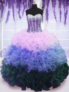 Best Sleeveless Organza Floor Length Lace Up Quinceanera Dress in Multi-color with Beading and Ruffles and Ruffled Layers