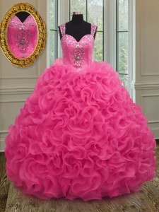 Clearance Hot Pink Zipper Straps Beading and Ruffles Quinceanera Dress Organza Sleeveless