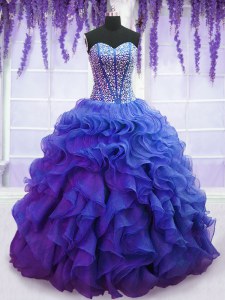 Delicate Organza Sleeveless Floor Length 15 Quinceanera Dress and Beading and Ruffles