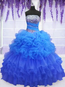 Inexpensive Floor Length Blue Sweet 16 Quinceanera Dress Organza Sleeveless Beading and Ruffled Layers and Pick Ups