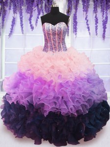 Deluxe Multi-color Ball Gowns Beading and Ruffles and Ruffled Layers 15 Quinceanera Dress Lace Up Organza Sleeveless Floor Length