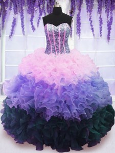 Graceful Ruffled Sweetheart Sleeveless Lace Up Sweet 16 Dresses Multi-color Organza