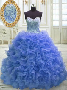 Discount Blue Lace Up Quinceanera Dresses Beading and Ruffles Sleeveless Sweep Train