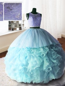 Excellent Baby Blue Ball Gowns Organza and Tulle and Lace Scoop Sleeveless Beading and Lace and Ruffles With Train Zipper Quince Ball Gowns Brush Train